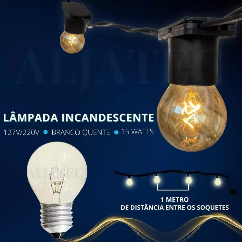 Varal Luzes Aljatec Até 25 metros Preto Lamp Clara 15w